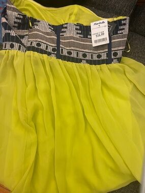 Marshalls Neon Lime Chiffon Mini Skirt with Navy & Cream Patterned Waistband